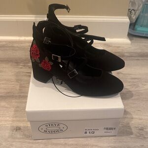 Steve Madden Black Heels with Red Rose Embroidery